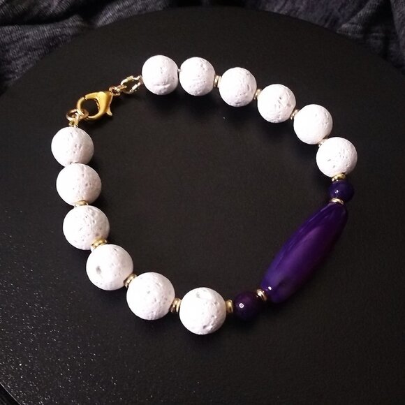 Purple Banded Agate + White Lava Rock - Chunky Bracelet for Larger Wrists 8" - Picture 2 of 9